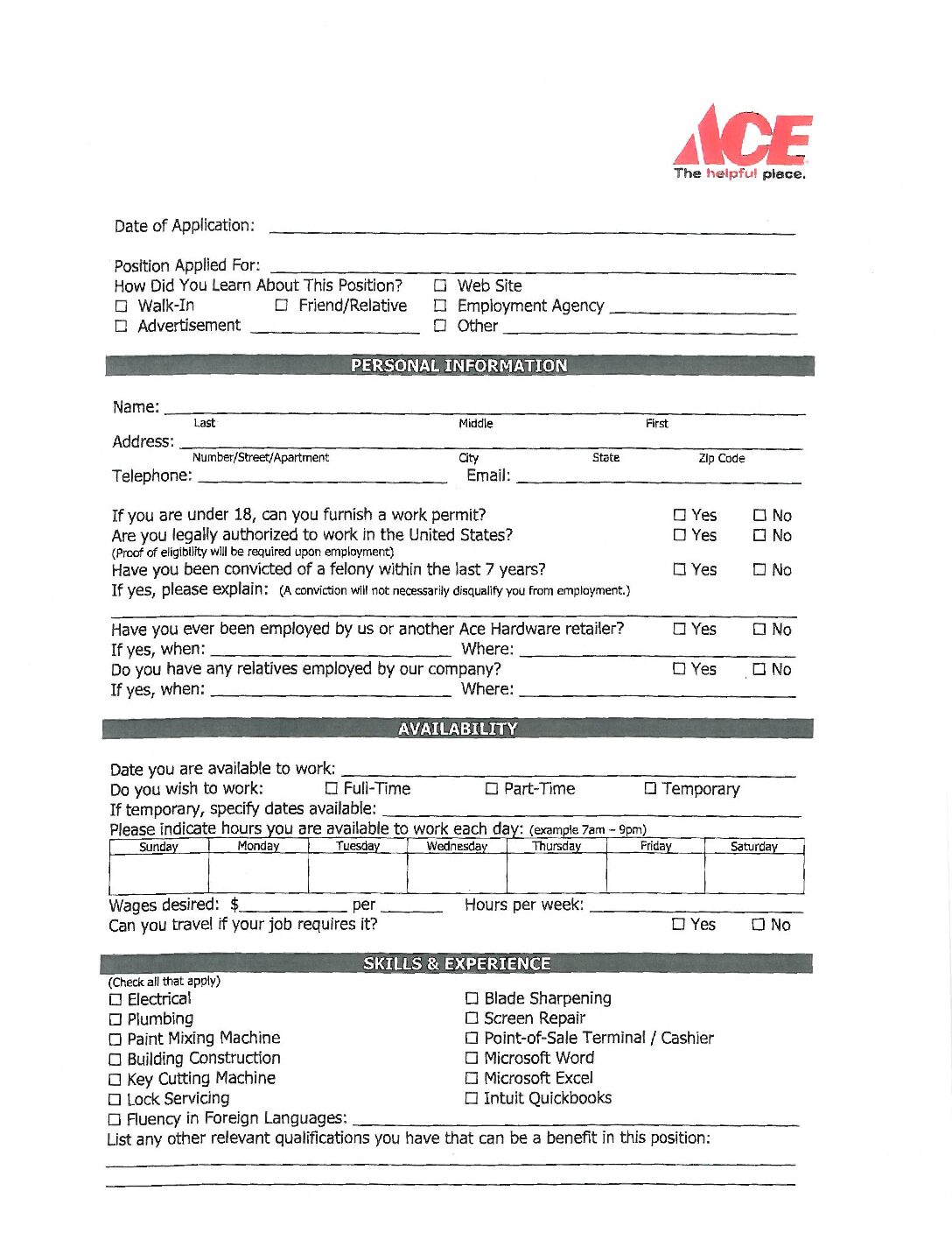 Printable Application For Ace Hardware